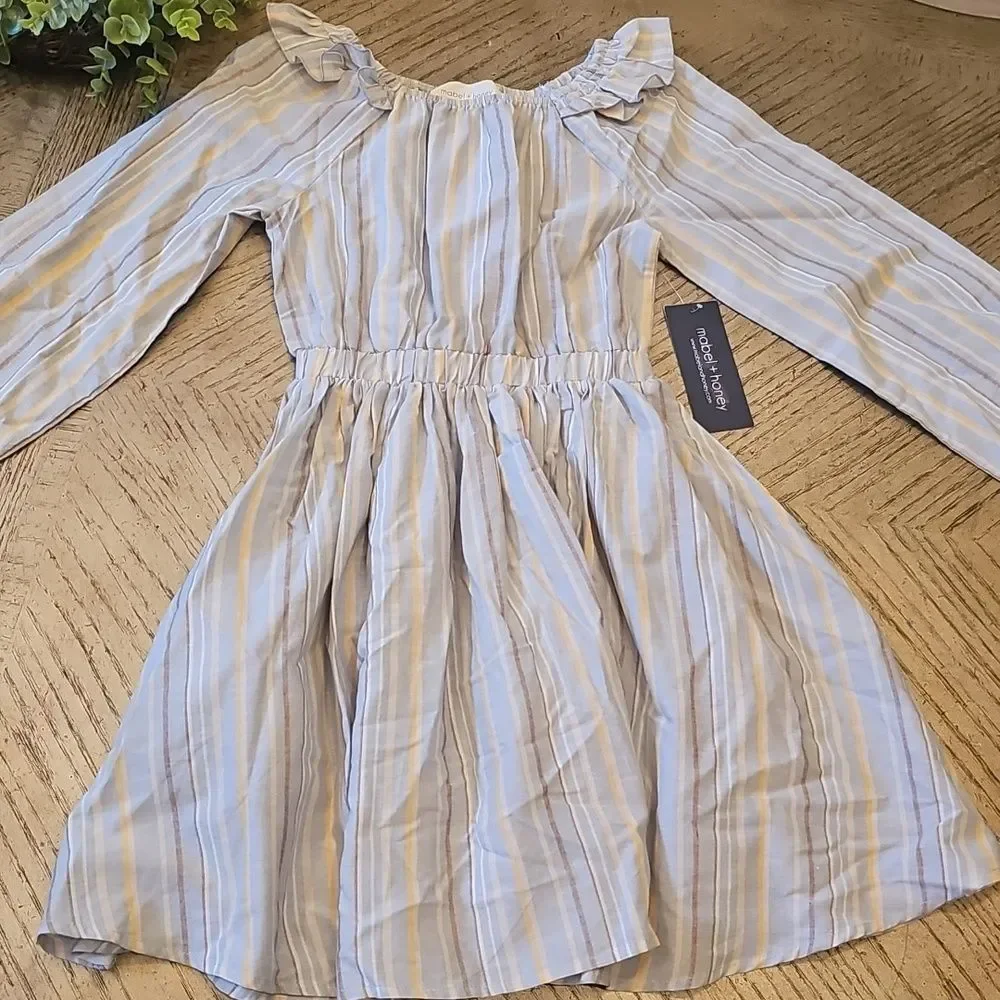Striped Long Sleeve Dress Size 12 NWT - Light Blue & Cream